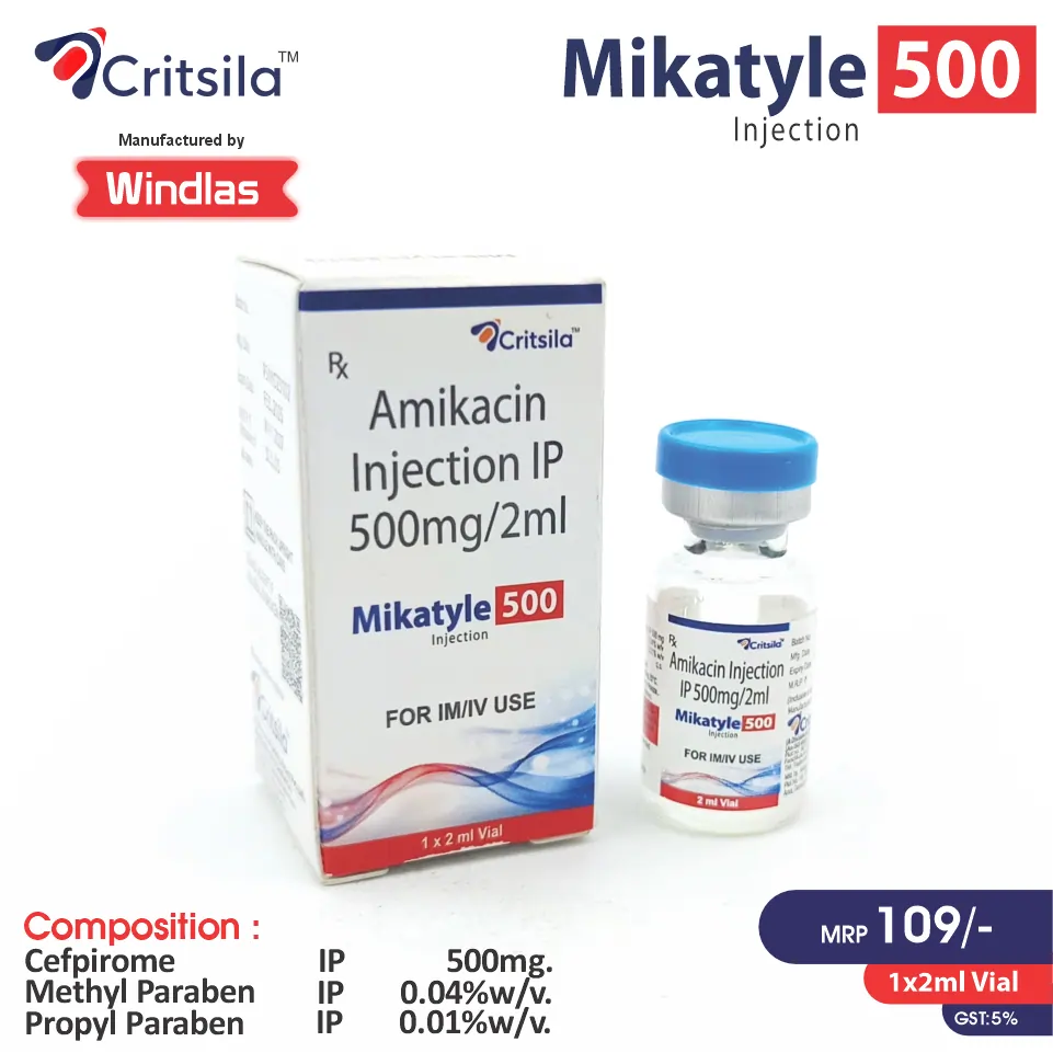 Amikacin (500mg) Injection at Best Price in PCD Pharma Franchise for Antibiotic Use and Bacterial Infection Treatment.